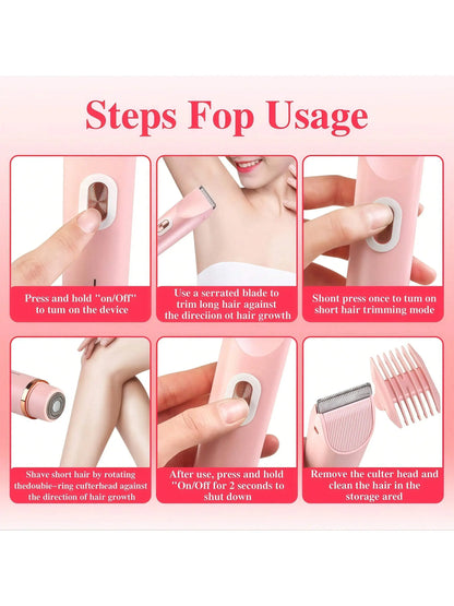 Women's Bikini Trimmer, Women's Electric Shaver, Replaceable Heads, Facial and Intimate Hair Trimmer, USB Rechargeable, with Base, Travel Cordless Body Shaver, Suitable for Face/Legs/Underarms, Women's Gift