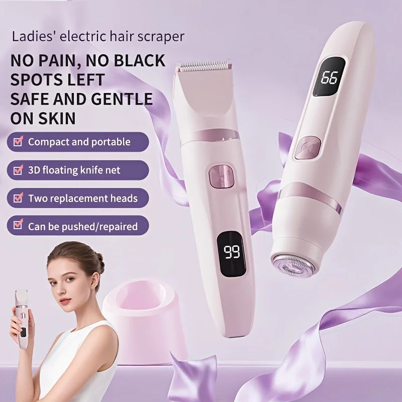 Women's Bikini Trimmer, Women's Electric Shaver, Replaceable Heads, Facial and Intimate Hair Trimmer, USB Rechargeable, LED Power Display, with Base, Travel Cordless Body Shaver, Suitable for Face/Legs/Underarms, Women's Gift