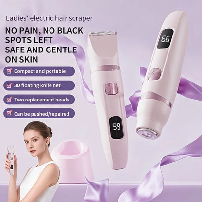 Women's Bikini Trimmer, Women's Electric Shaver, Replaceable Heads, Facial and Intimate Hair Trimmer, USB Rechargeable, LED Power Display, with Base, Travel Cordless Body Shaver, Suitable for Face/Legs/Underarms, Women's Gift