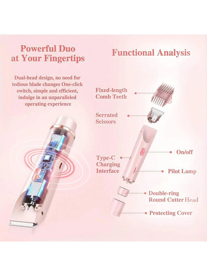 Women's Bikini Trimmer, Women's Electric Shaver, Replaceable Heads, Facial and Intimate Hair Trimmer, USB Rechargeable, with Base, Travel Cordless Body Shaver, Suitable for Face/Legs/Underarms, Women's Gift