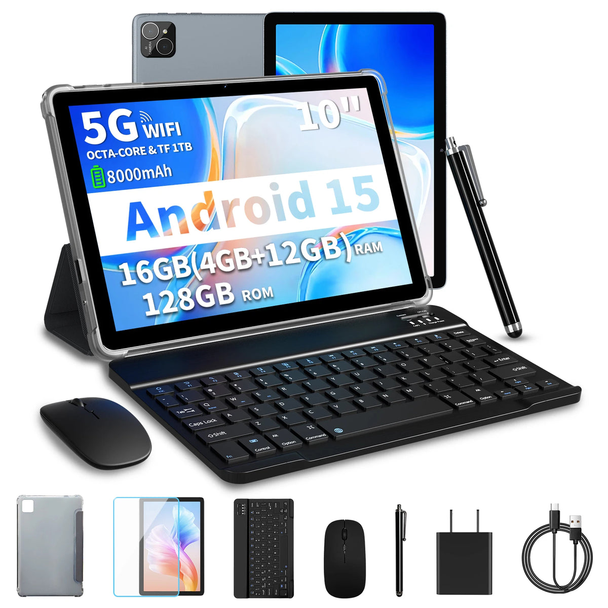 PRITOM Android Tablet with Keyboard, Android 15 Tablet with 16GB(4GB Physical + 12GB Virtual)+128GB+1TB Expand, 10 Inch Tablet PC with 8-Core, 5G WiFi, 8000mAh, 2-in-1 Tablet with Case, Mouse, Stylus(Black)