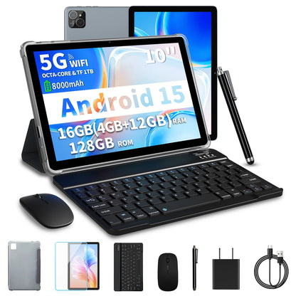PRITOM Android Tablet with Keyboard, Android 15 Tablet with 16GB(4GB Physical + 12GB Virtual)+128GB+1TB Expand, 10 Inch Tablet PC with 8-Core, 5G WiFi, 8000mAh, 2-in-1 Tablet with Case, Mouse, Stylus(Black)