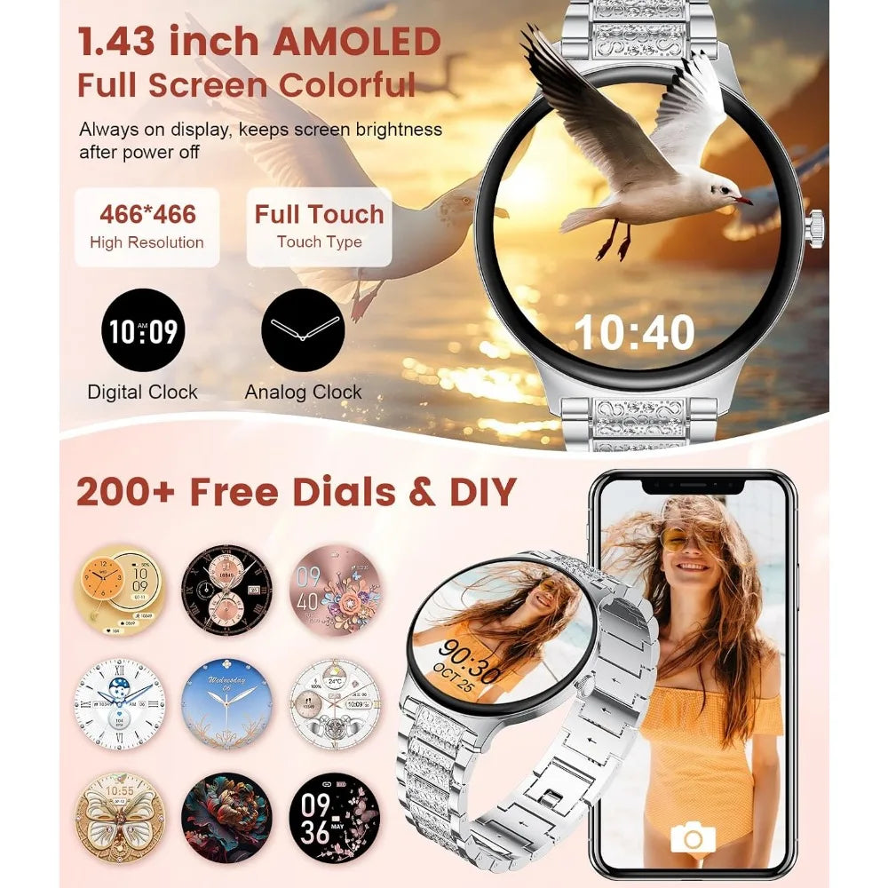 Ultra-Thin 1.43" Display Smart Watch for Women with Bluetooth Connectivity, Health Tracking, & Sports Modes - 2 Straps (Silver)