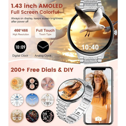Ultra-Thin 1.43" Display Smart Watch for Women with Bluetooth Connectivity, Health Tracking, & Sports Modes - 2 Straps (Silver)
