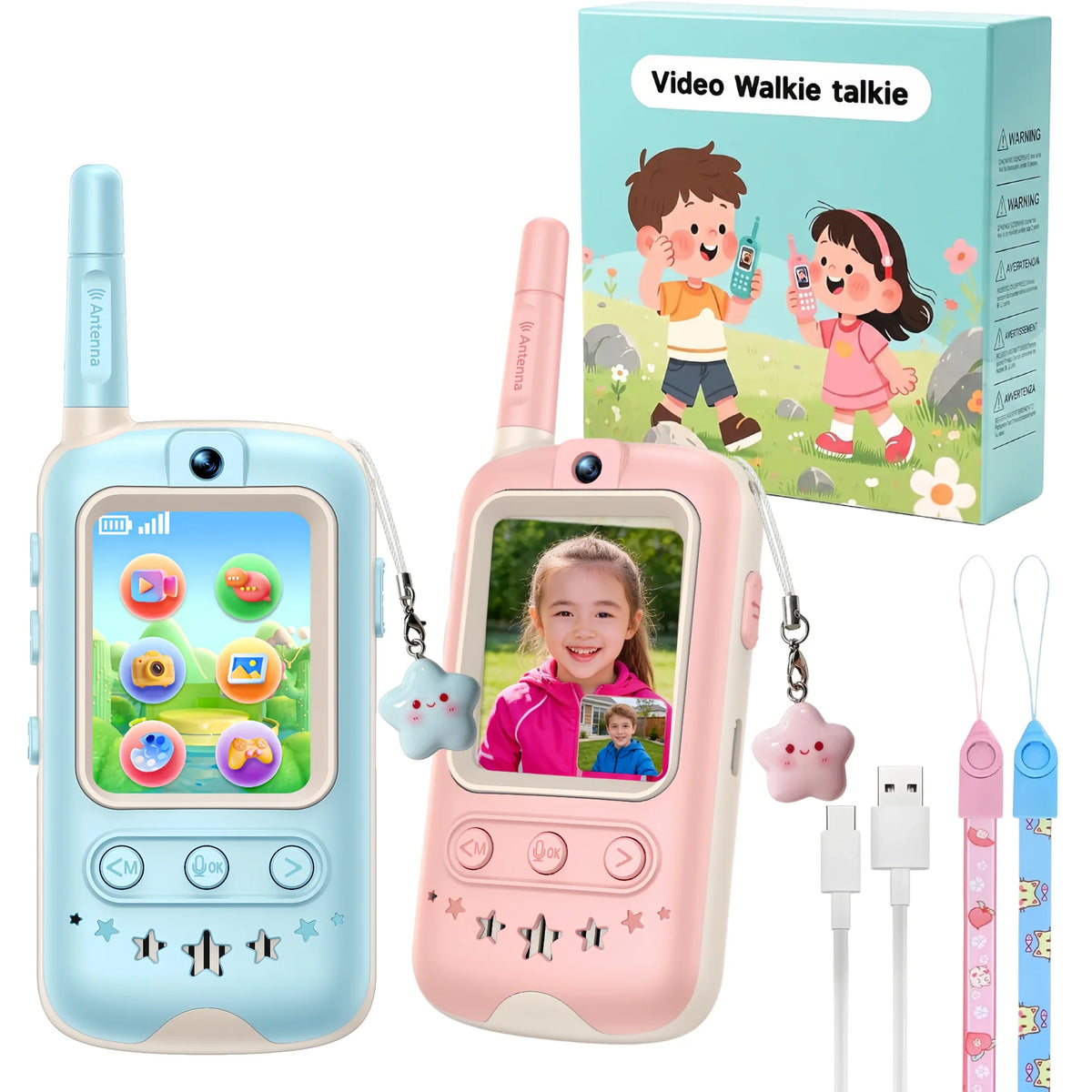Video Walkie Talkie Gift Set 2 Pack HD Video Call Rechargeable Photo Voice Share Long Range No WiFi with Star Charms for Kids Birthday Outdoor Gift