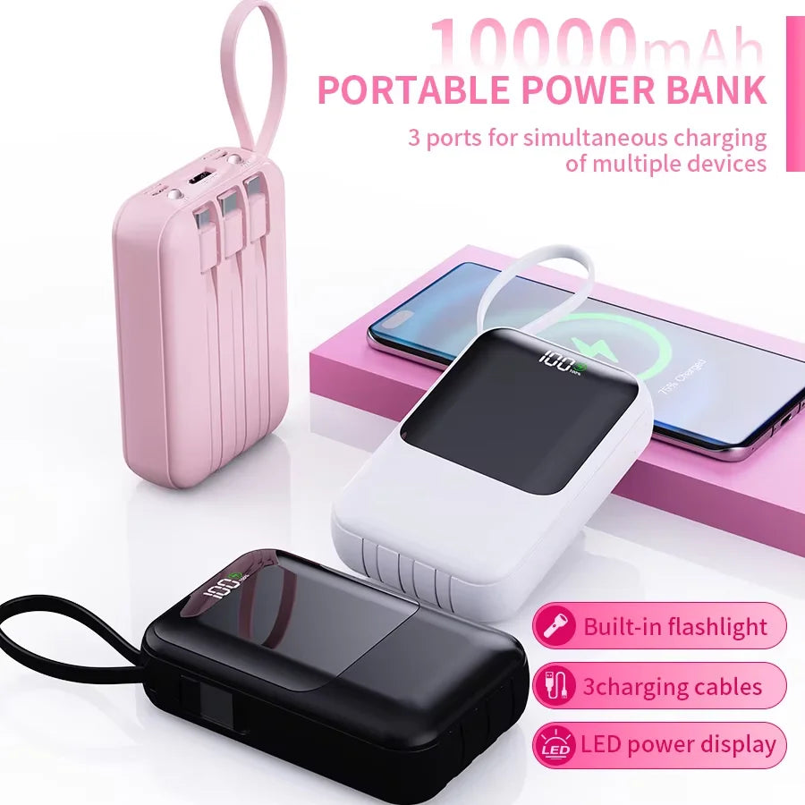 10000mAh Portable Power Bank for Universal Devices Super Fast Charging with Built-in Cable Large Capacity Power Bank for All Smartphones