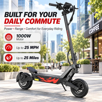 EOEOTWO Electric Scooter, 1000W Motor, 10" Solid Tires, 25 Miles Range, 25 Mph Folding Commuter Electric Scooter for Adults with Double Braking System and Dual Suspension