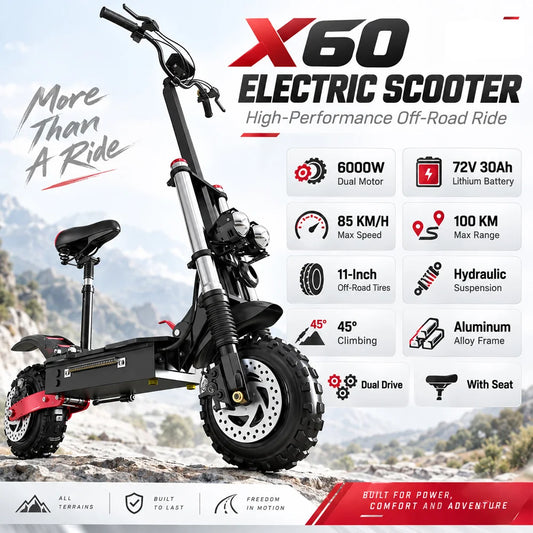 X60 72V 30AH 6000W Dual Motor Electric Scooter 85km/h 90-100km Range 11" Off-Road Tires Overseas Warehouse Shipping