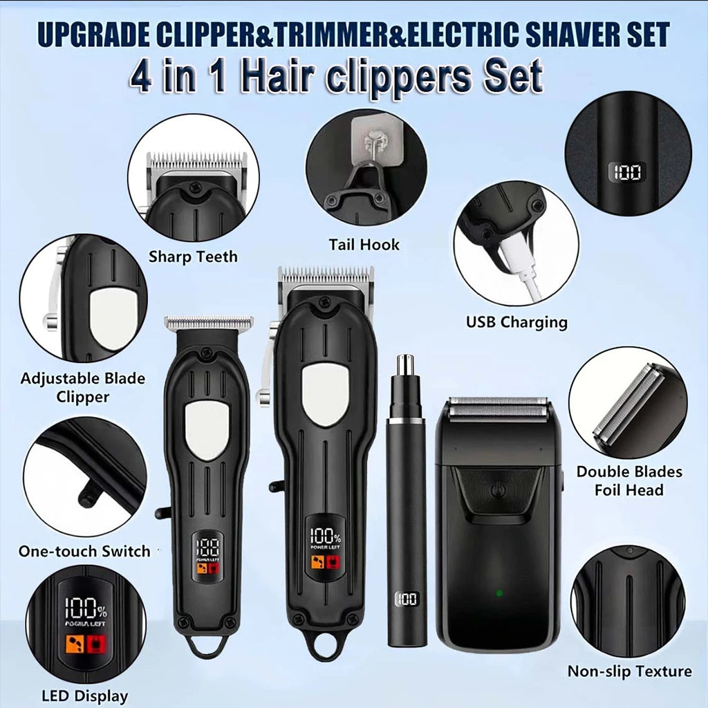 Professional Cordless Hair Clipper Set with LCD Display, Rechargeable Electric Trimmer for Men, Beard & Nose Hair Trimmer All-in-One Grooming Kit , Barber Tools with Combs & Scissors - Perfect Gift for Him