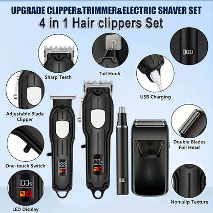 Professional Cordless Hair Clipper Set with LCD Display, Rechargeable Electric Trimmer for Men, Beard & Nose Hair Trimmer All-in-One Grooming Kit , Barber Tools with Combs & Scissors - Perfect Gift for Him