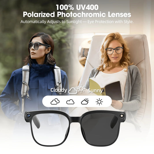 Smart camera glasses, 8-megapixel HD video recording glasses (with audio), Bluetooth-enabled photo-sensitive color-changing lenses, real-time translation, voice assistant, object recognition, and hands-free music and calls.