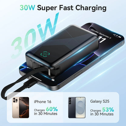 Power Bank 10000mAh PD30W/20000mAh PD45W Fast Charging Portable Charger with Built-in USB-C Cable for iPhone Samsung Ipad