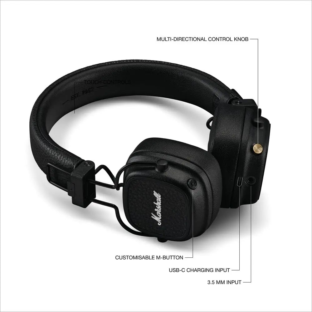 Marshall Major V Wireless On-Ear Bluetooth Headphones , 100+ Hours Playtime, Bluetooth 5.3, Wireless Charging, 40mm Dynamic Drivers, 3.5mm Audio, Built-in Mic, Foldable Design, M-Button, Multipoint USB-C, EQ