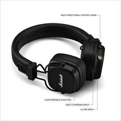 Marshall Major V Wireless On-Ear Bluetooth Headphones , 100+ Hours Playtime, Bluetooth 5.3, Wireless Charging, 40mm Dynamic Drivers, 3.5mm Audio, Built-in Mic, Foldable Design, M-Button, Multipoint USB-C, EQ
