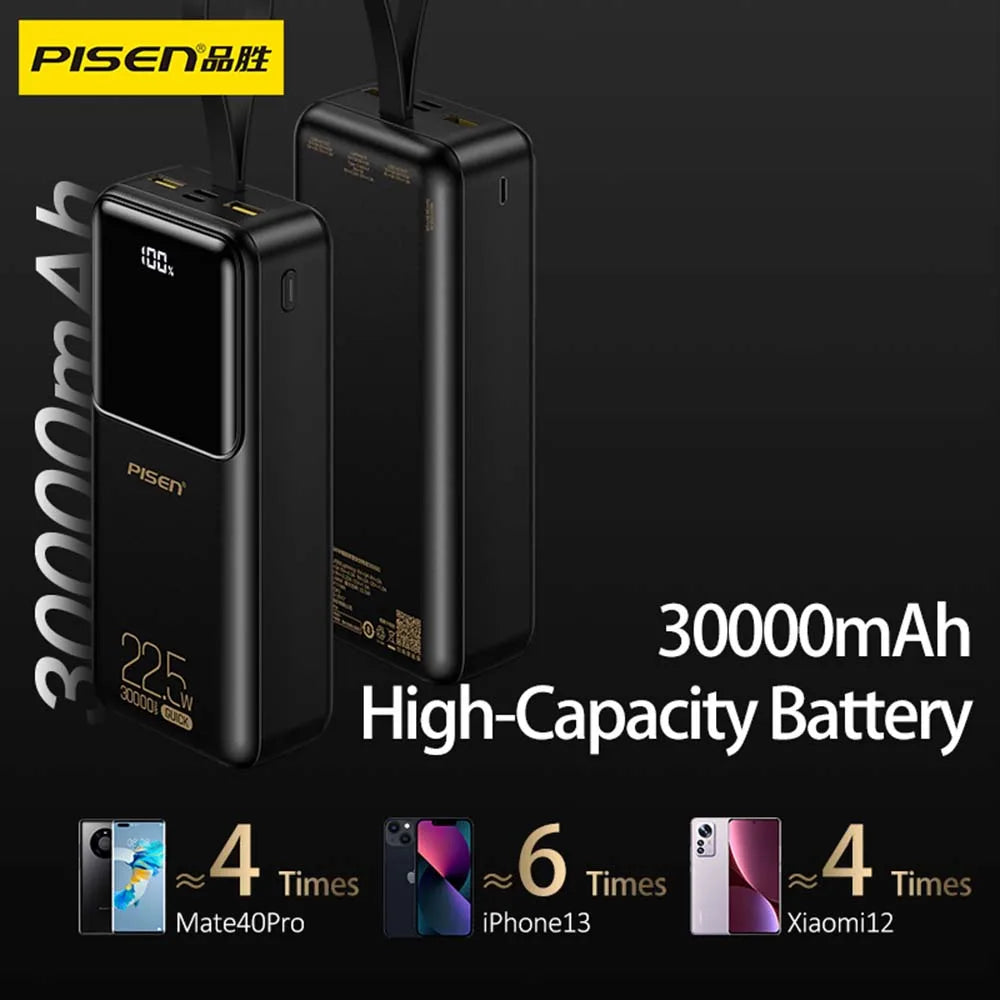 PISEN 22.5W Power Bank 30000mAh Large Capacity QC PD 3.0 Fast Charging PowerBank 20W Portable External Battery For iPhone Samsung Xiaomi Huawei Headphones