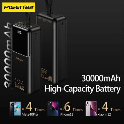 PISEN 22.5W Power Bank 30000mAh Large Capacity QC PD 3.0 Fast Charging PowerBank 20W Portable External Battery For iPhone Samsung Xiaomi Huawei Headphones