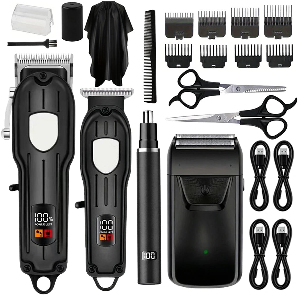Professional Cordless Hair Clipper Set with LCD Display, Rechargeable Electric Trimmer for Men, Beard & Nose Hair Trimmer All-in-One Grooming Kit , Barber Tools with Combs & Scissors - Perfect Gift for Him