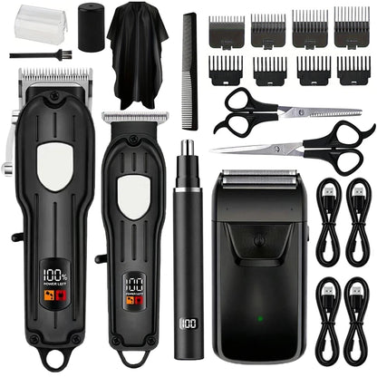 Professional Cordless Hair Clipper Set with LCD Display, Rechargeable Electric Trimmer for Men, Beard & Nose Hair Trimmer All-in-One Grooming Kit , Barber Tools with Combs & Scissors - Perfect Gift for Him