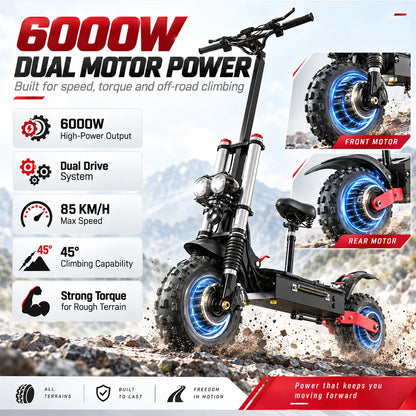 X60 72V 30AH 6000W Dual Motor Electric Scooter 85km/h 90-100km Range 11" Off-Road Tires Overseas Warehouse Shipping