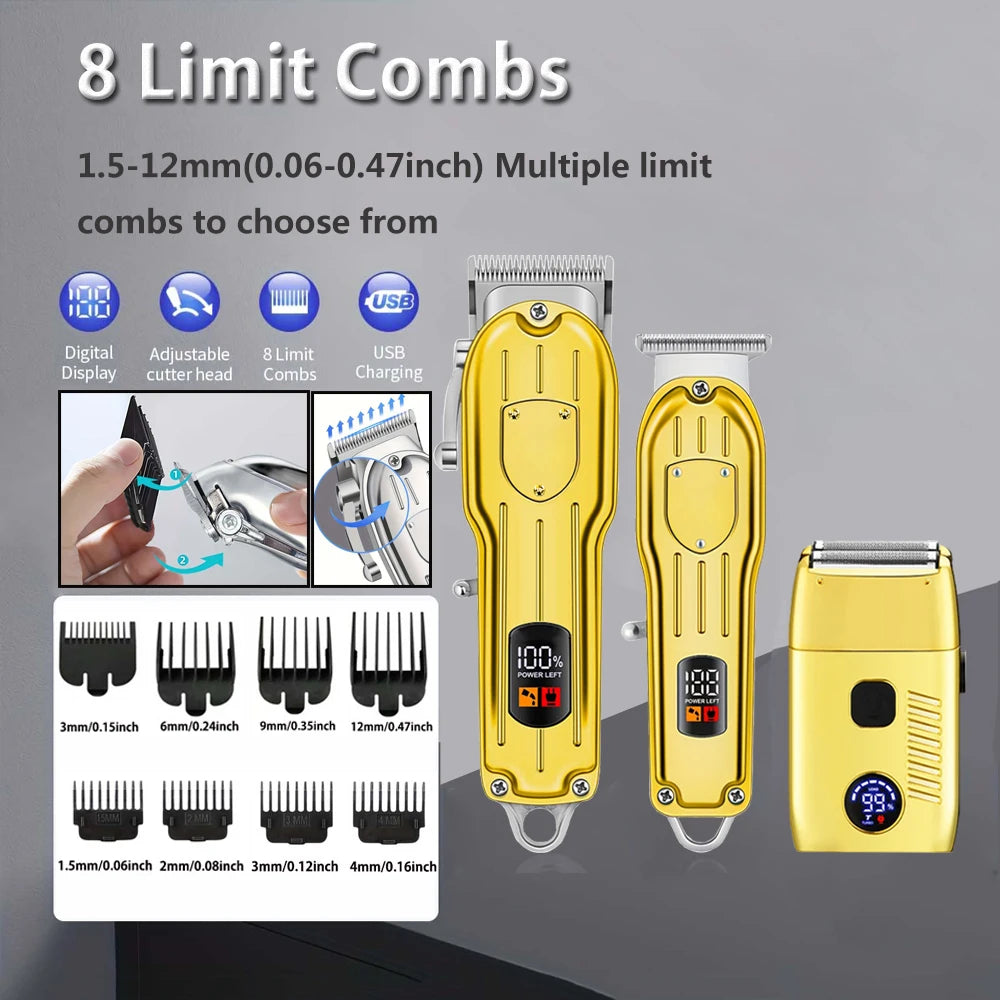 Professional Electric Hair Clipper Set with LED Display, USB Rechargeable Beard Trimmer & Foil Shaver for Men – Includes Guards, Scissors, Comb & Cape
