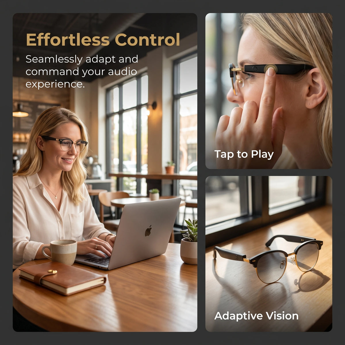 Photochromic AI Smart Audio Glasses for Unisex, Hi‑Fi Sound Quality Eyeglasses with HD Hands‑Free Call Function, Great for Sports, Outdoor and Everyday Office Scenarios