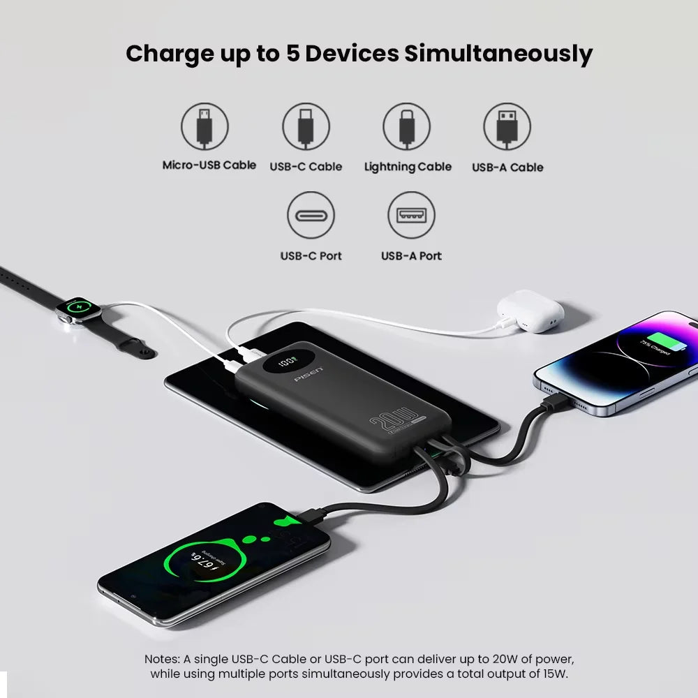 PISEN Power Bank 10000mAh 20W Fast Charging Powerbank With 4 Built-in Cables Smart LED Display For iPhone Samsung Xiaomi iPad Huawei