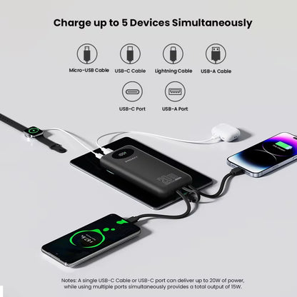 PISEN Power Bank 10000mAh 20W Fast Charging Powerbank With 4 Built-in Cables Smart LED Display For iPhone Samsung Xiaomi iPad Huawei
