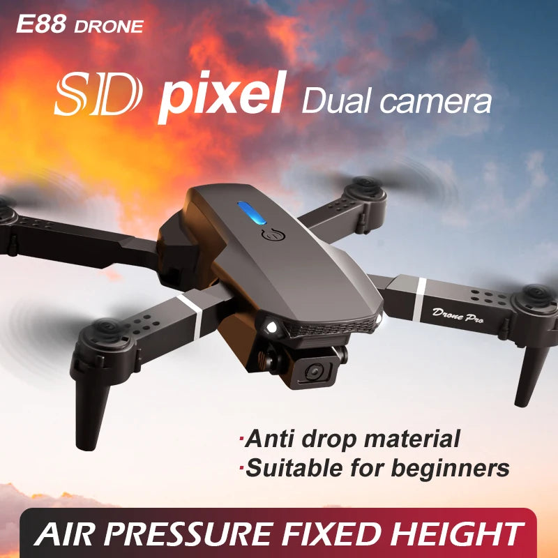 FACEGLE upgraded E88 dual camera drone, dual cameras, fixed altitude hover, smoother flight, one click stunt roll, headless mode, LED lights, protective frame, one click control, suitable for beginners, foldable quadcopter, b