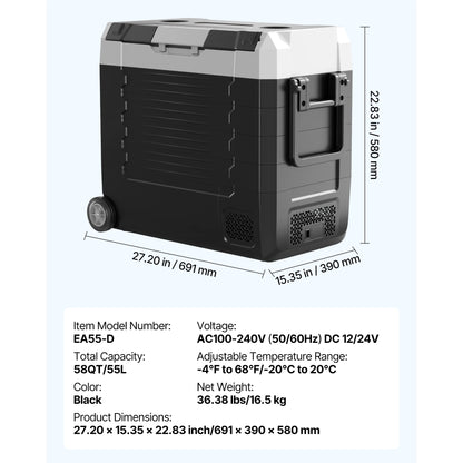 SucceBuy 35L 45L 55L Car Refrigerator Compressor Electric Cooler, -4°F to 68°F Truck Refrigerator with APP Control Wheels & Dual