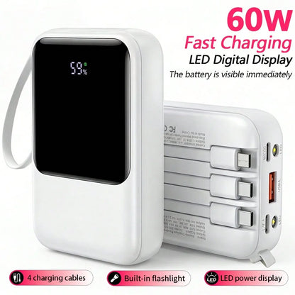 10000mAh Power Bank, Portable Charger with Built-in 4 Cables & LED Flashlight, PD22.5W Fast Charging USB-C Battery Pack, Universal Portable Power for Smartphones, Camping Travel Outdoor Essentials