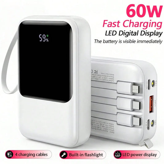 10000mAh Power Bank, Portable Charger with Built-in 4 Cables & LED Flashlight, PD22.5W Fast Charging USB-C Battery Pack, Universal Portable Power for Smartphones, Camping Travel Outdoor Essentials