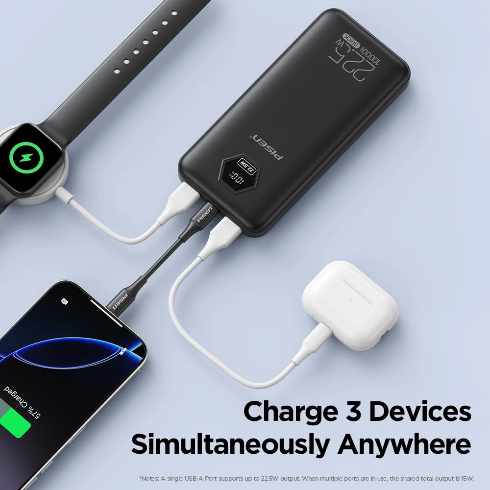 PISEN 10000mAh Fast Charging Power Bank PD 20W SCP 22.5W Lightweight Charger USB C External Battery for iPhone Xiaomi Huawei