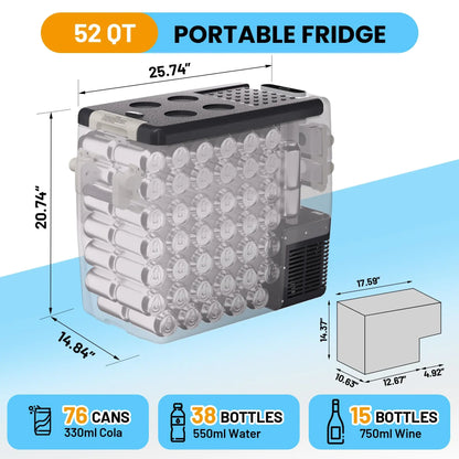 53QT 12V Car Refrigerator 50L Portable Fridge Freezer, 0F-50F Electric Cooler, AC/DC For Truck Boat RV Camping Travel