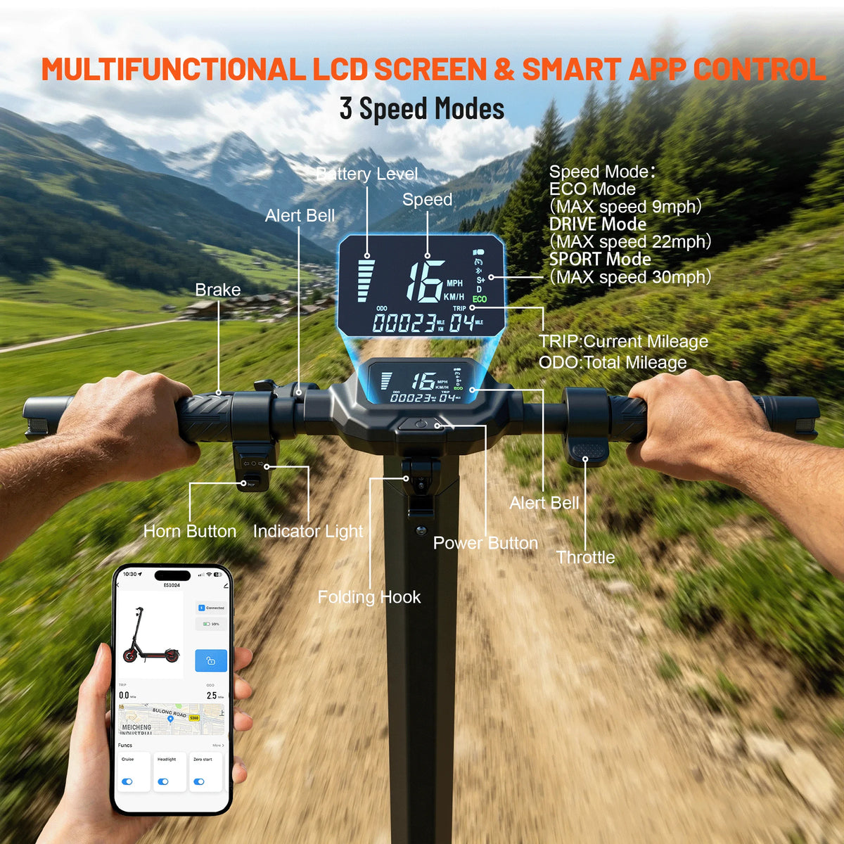 OBX Foldable Smart Electric Scooter for Commuting 48V 1200W Motor Escooter 30 Miles+ Long Range Smart Adult 10'' Electric Scooter for APP
