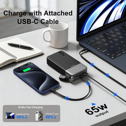 JUOVI Portable Charger, 65W 20000mAh Laptop Power Bank Fast Charging with Attached USB C Cable Powerbank for Laptop, for MacBook iPhone 17 16 Pro Samsung S26 and More