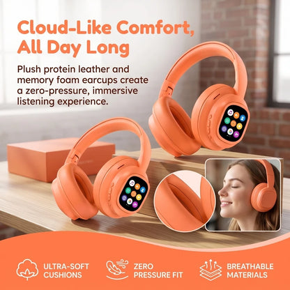 Hi‑Fi Stereo Over‑Ear Foldable Bluetooth Headphones, Wireless Noise Cancelling Headset Equipped with Detachable Magnetic Touch Screen for Phone PC