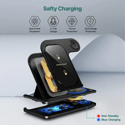 30W 3 in 1 Fast Wireless Charger Stand Foldable Wireless Charging for IPhone 15 14 13 12 11 Apple Watch 9 8 7 6 5 Airpods Pro