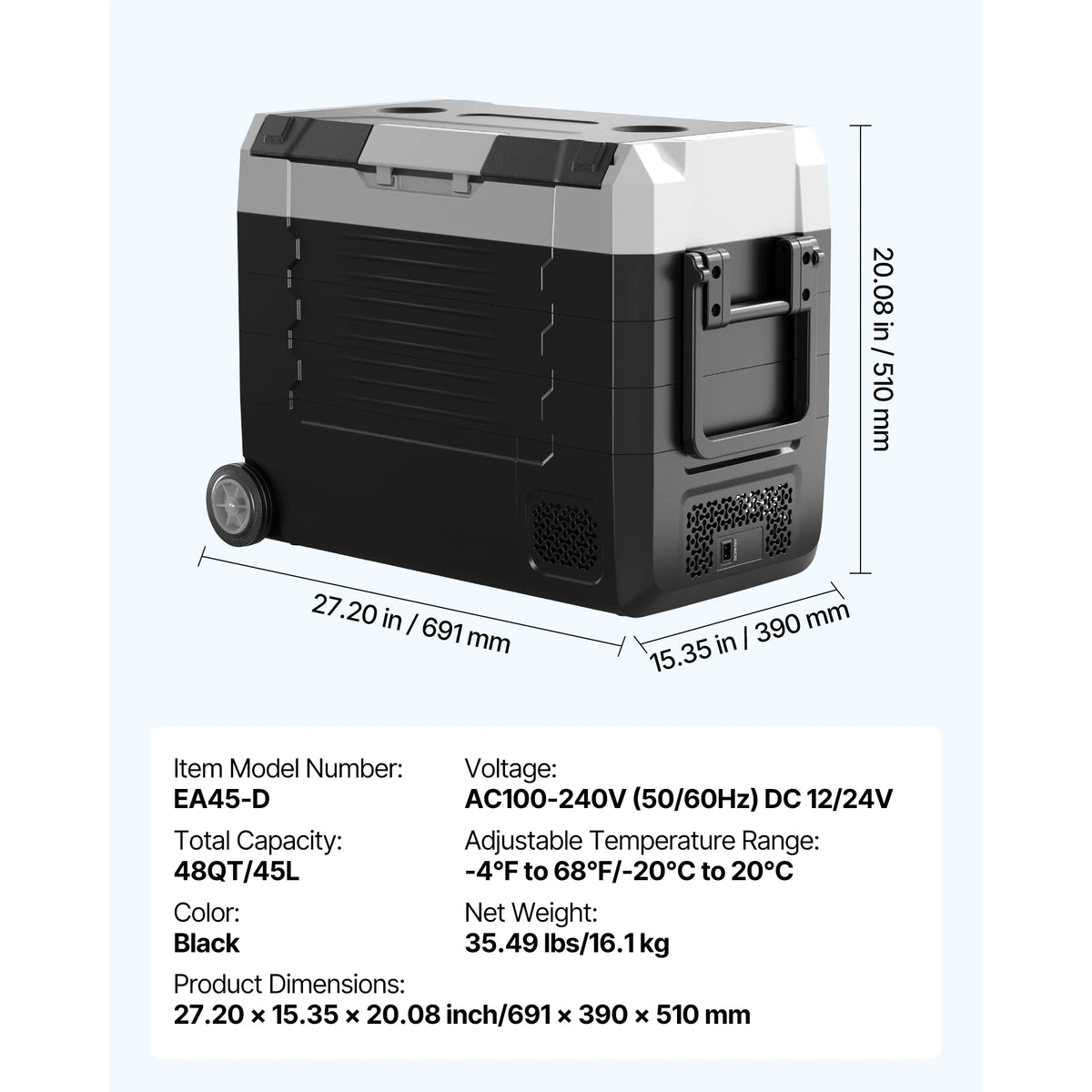 SucceBuy 35L 45L 55L Car Refrigerator Compressor Electric Cooler, -4°F to 68°F Truck Refrigerator with APP Control Wheels & Dual