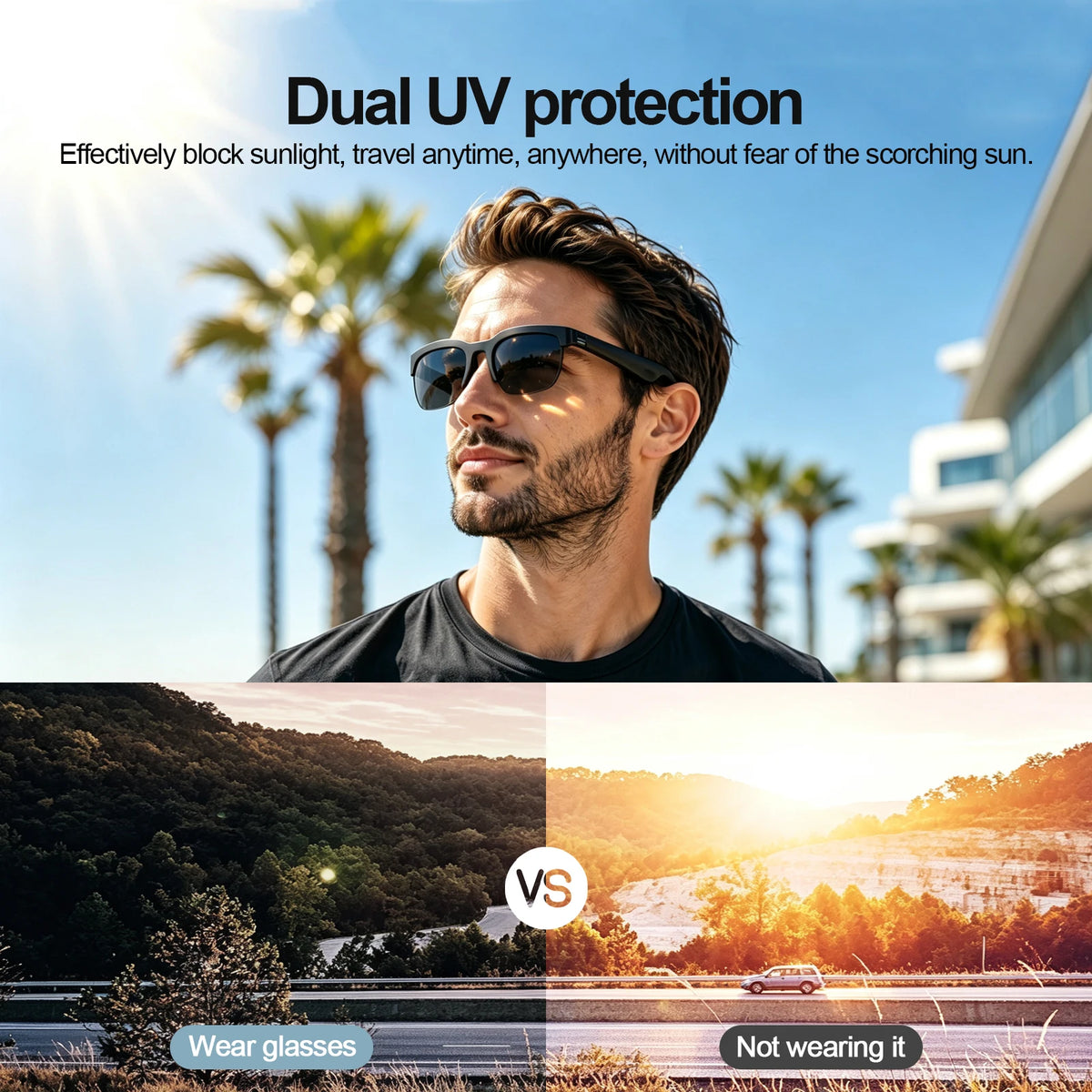 Bluetooth Smart Audio Glasses, Wireless Open-Ear Sunglasses with Built-In Speakers and Microphone, Hands-Free Music & Phone Calls, Portable Sports Eyewear for Running, Cycling, Gym, Cooking, Driving, Travel, Work, iPhone Andr