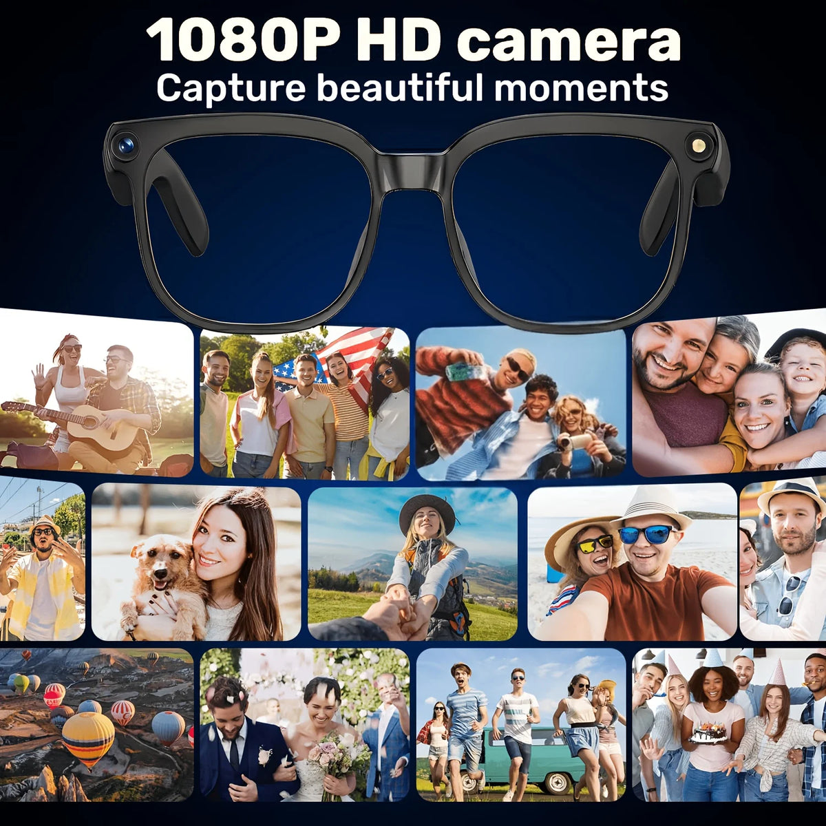 Smart camera glasses, 8-megapixel HD video recording glasses (with audio), Bluetooth-enabled photo-sensitive color-changing lenses, real-time translation, voice assistant, object recognition, and hands-free music and calls.