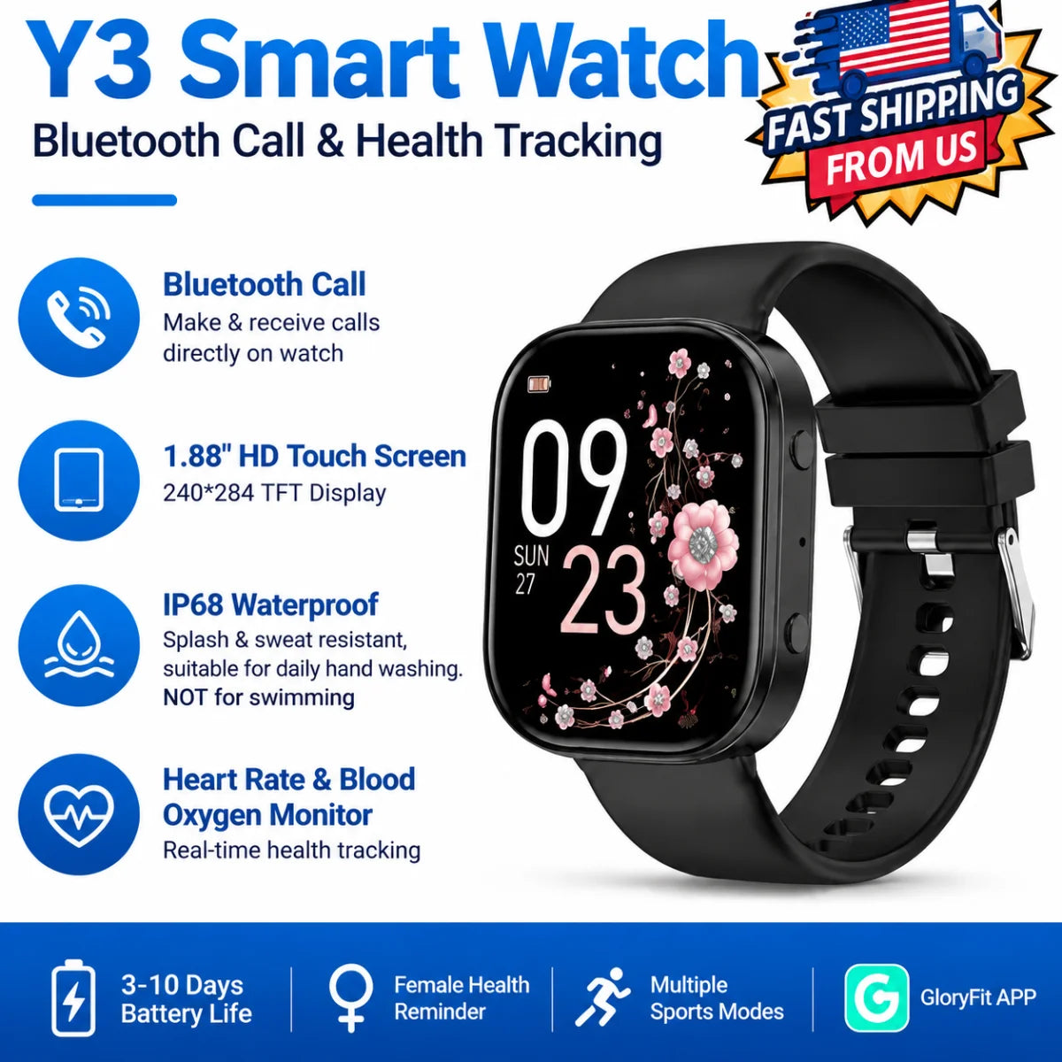 Y2 Smart Watch Bluetooth Call 1.88" TFT Screen IP67 Waterproof Fitness Watch Heart Rate Blood Oxygen Monitor 210mAh Magnetic Charging Sports Smartwatch for Android iOS