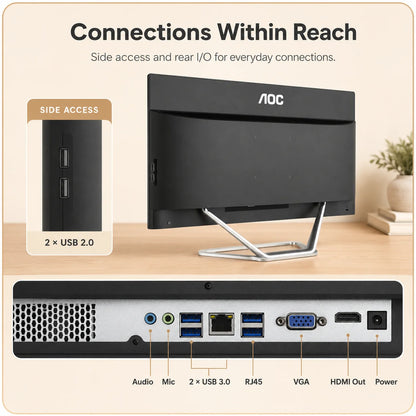 AOC 23.8 Inch All In One PC Desktop Computer, AMD Ryzen 5 3500U Processor, 16GB DDR4 RAM, 512GB SSD, Radeon Vega 8 Graphics, FHD 60Hz Display, Dual Speakers, WiFi, Wireless Keyboard And Mouse Included, Home Office Computer