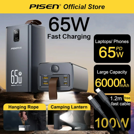 PISEN 60000mAh Large Capacity Power Bank PD3.0 65W Fast Charging Powerbank With Outdoor Camping Lamp For iPhone Laptops MacBook