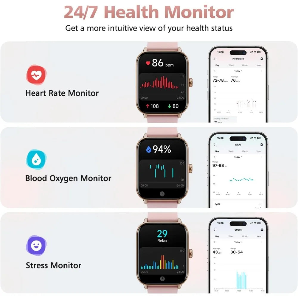 Smart Watches: Fitness Tracker, Call/SMS, Heart Rate, SpO2, Stress, Sleep, 100+ Modes, Waterproof, 2 Bands