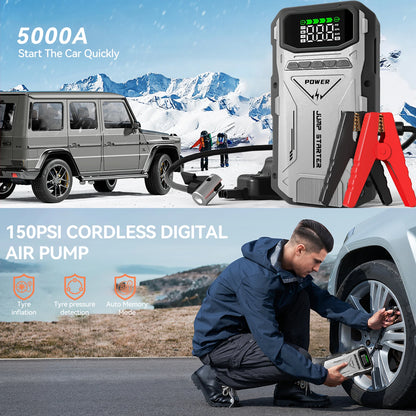 Portable Car Jump Starter With Air Compressor, 5000A Peak(7.5L Gas, 6.0L Diesel) , Jump Starter Battery PackWith150 PSl Tire Inf
