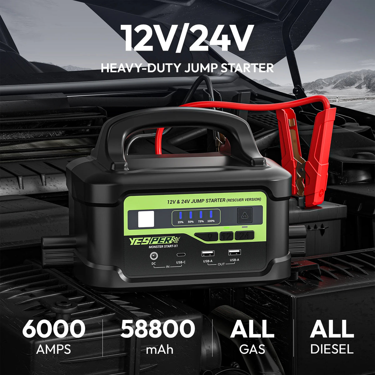 YESPER 6000A Peak 12V/24V Heavy Duty Truck Jump Starter, 58800mAh Portable Power Station, Car Battery Booster Jump Box