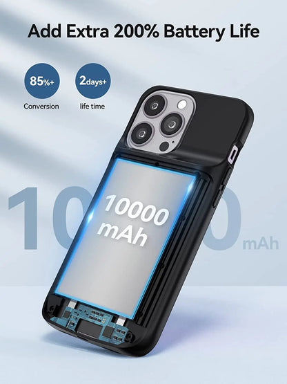 NEWDERY 10000mAh Magnetic Qi Wireless Power Bank Battery Case for iPhone 14 13 Pro Max 12 Pro Max Portable Charging Pack Extended Battery Shell Battery Pack