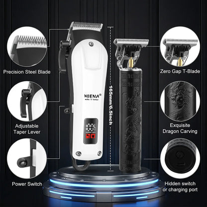 HIENA Professional Barber Kit Electric Hair Clipper Beard Shaver Detail Trimmer Cordless Rechargeable Titanium Blades for Home