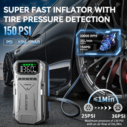 Portable Car Jump Starter With Air Compressor, 5000A Peak(7.5L Gas, 6.0L Diesel) , Jump Starter Battery PackWith150 PSl Tire Inf
