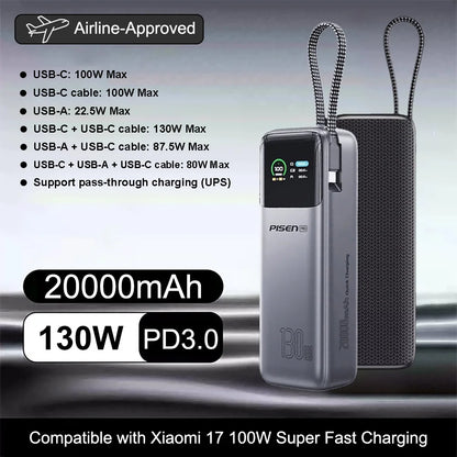 PISEN 130W Power Bank With Fast Charging USB-C Cable 20000mAh PD3.0 Powerbank for Laptop Notebook iPhone External Battery